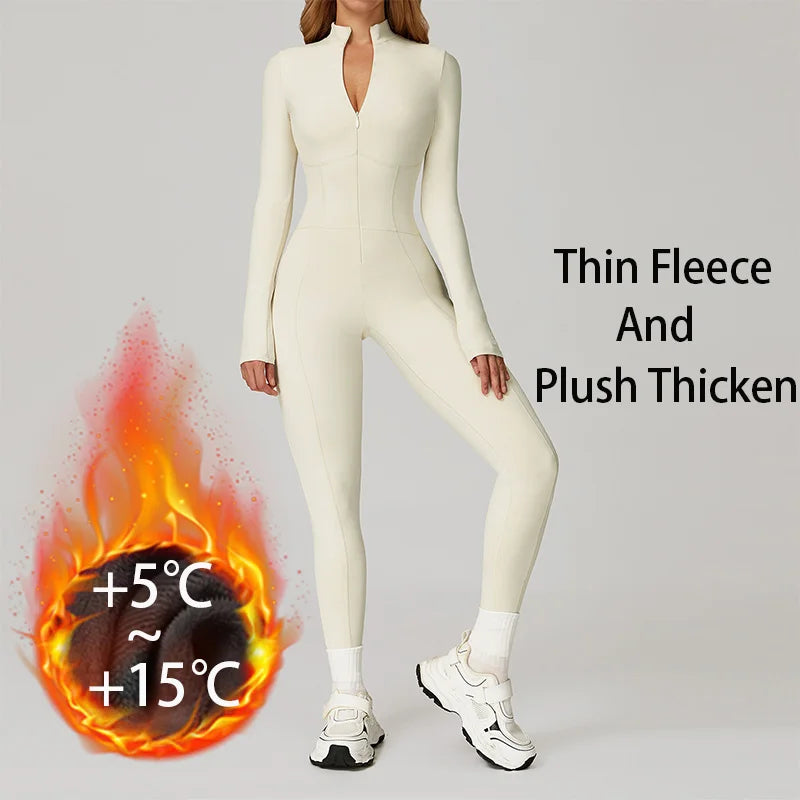 Winter Warm Fleece Sports Jumpsuits Fitness Suits Women's Sportswear Zipper Long Sleeves Tops One-Piece Dance Bodysuit Female - Matrix Studios