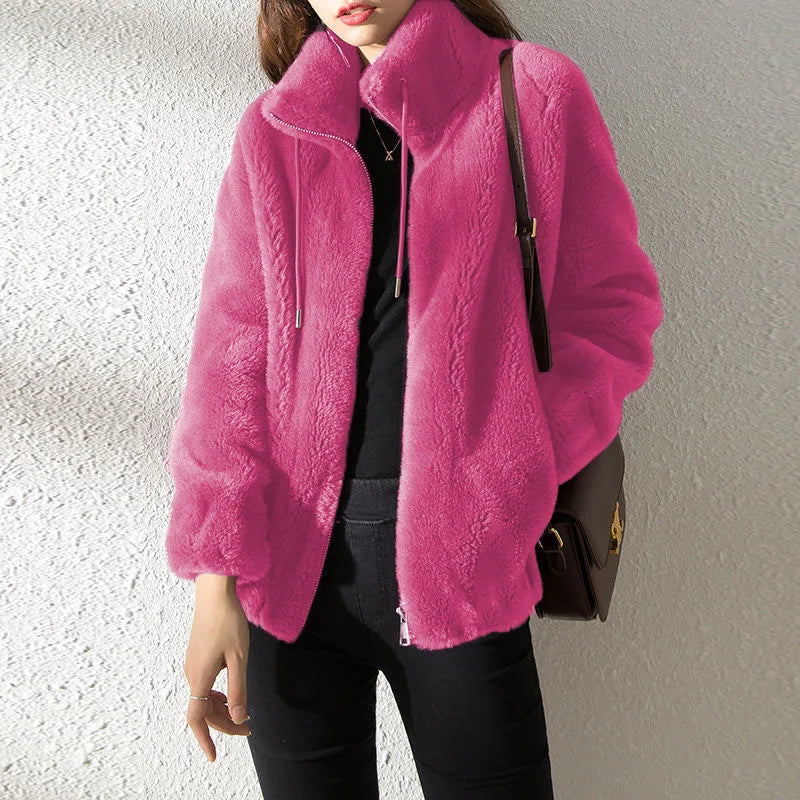 Women Autumn Winter Faux Fur Coats Zipper Cardigan Plush Thick Warm Coat Loose Oversized Outerwear Female Coral Fleece Overcoat - Matrix Studios