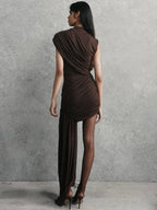 Mozision Irregular Draped Ruched Sexy Mini Dress For Women Elegant Turtleneck Sleeveless High Waist Pleated Club Party Dress - Matrix-studios.com