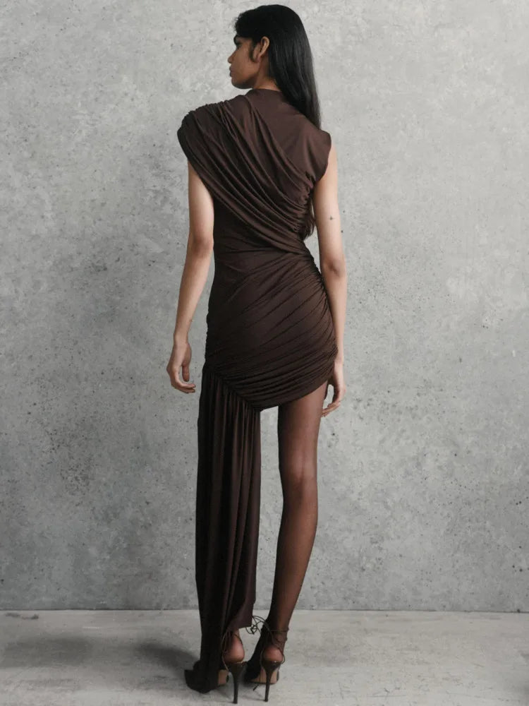 Mozision Irregular Draped Ruched Sexy Mini Dress For Women Elegant Turtleneck Sleeveless High Waist Pleated Club Party Dress - Matrix-studios.com