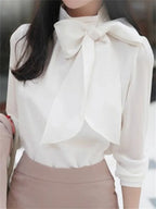 Women Spring Summer Style Chiffon Blouses Shirts Lady Casaul Long Sleeve White Black Bow Tie Collar Blusas Tops - Matrix-studios.com