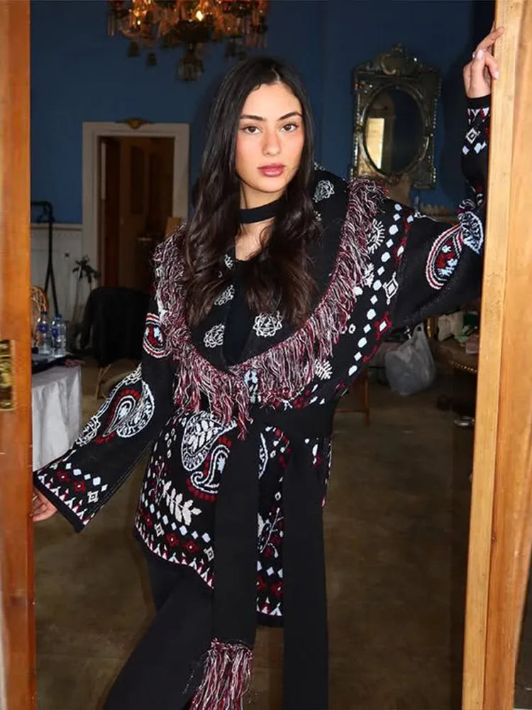 Jacquard Cardigan Women V-Neck Tie Waist Cardigans Long Sleeve Knit Sweater Waist Cuff Casual Autumn Fashion Trendy Streetwear - Matrix Studios