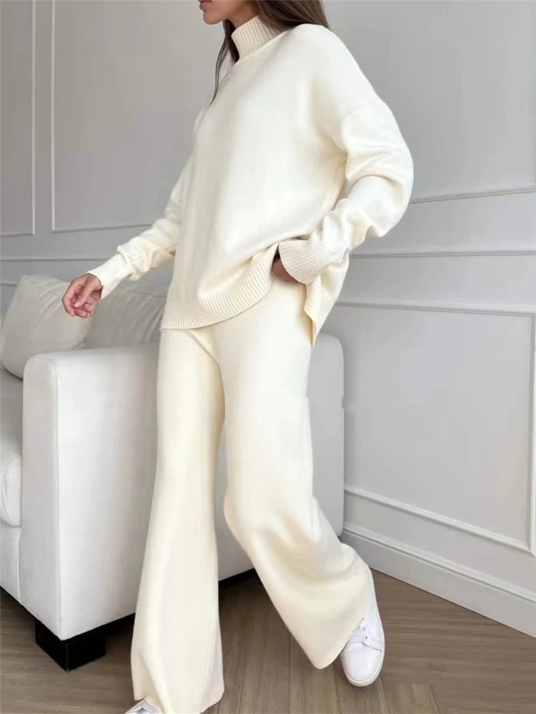 Autumn Winter 2 Pieces Women Sets Knitted Tracksuit Turtleneck Sweater and Straight Jogging Pants Suits - Matrix-studios.com