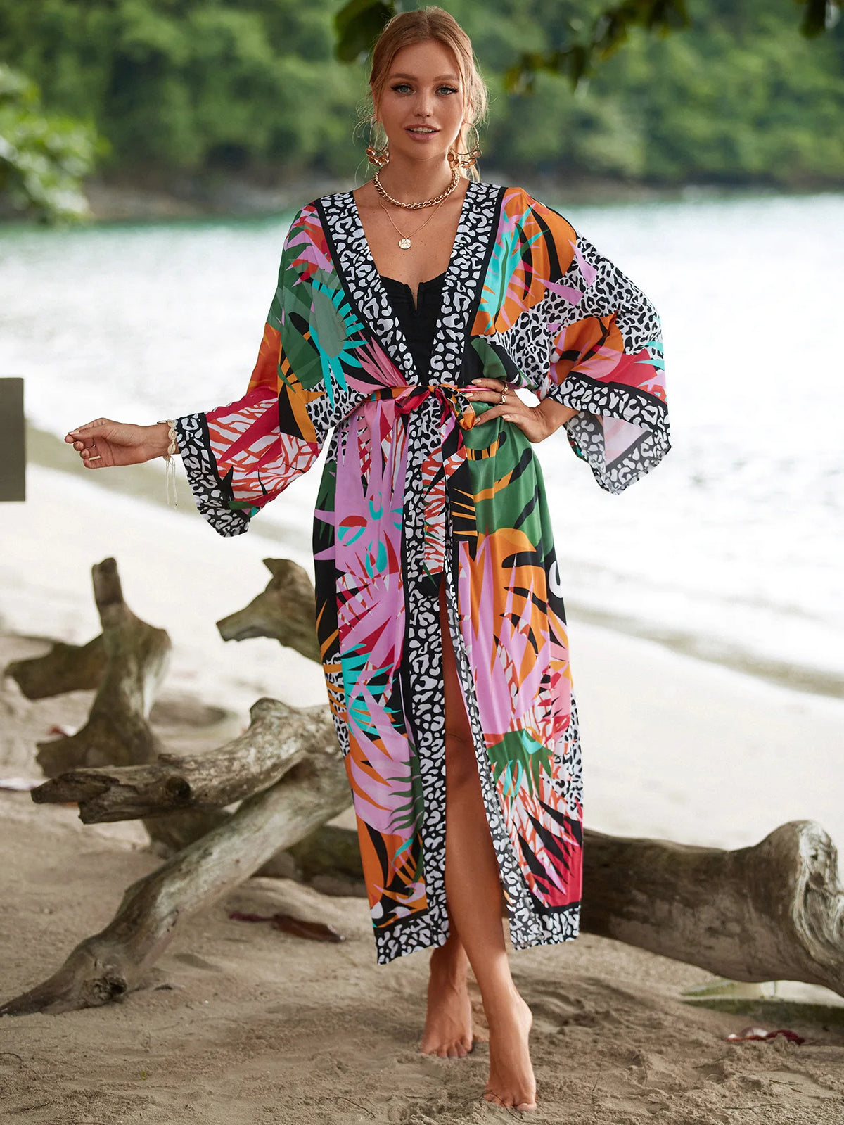 Kimonos Swimsuit Summer Vacation Outfit for Women Beach Robe Long Pool Cover Up Colorful Dress for Swimwear - Matrix Studios