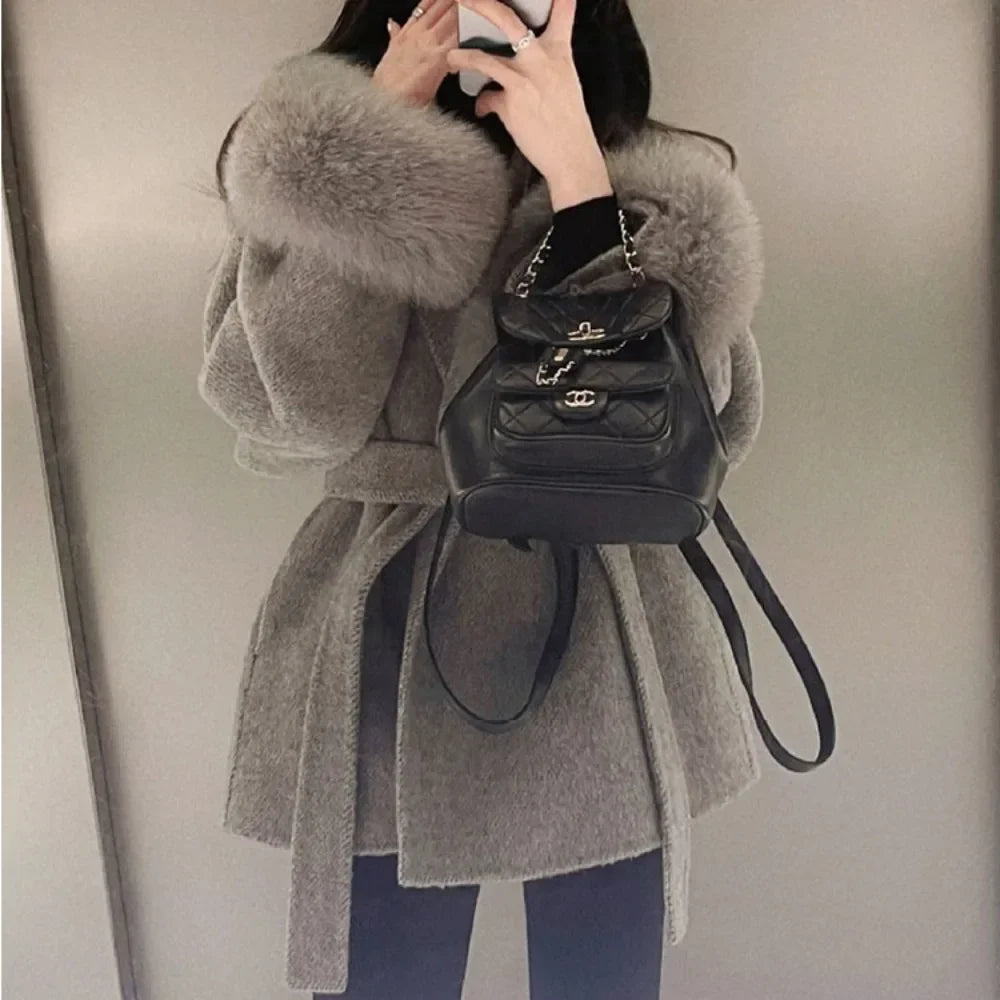 High End Double-sided Wool Strapping Real Wool Fur Coat Women's Removable Cuffs Fox Fur Temperament Cashmere Short Jacket - Matrix Studios
