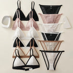 Women Triangle Bra and Panties Set Sheer Floral Lace Bralette Low-Rise Briefs Sexy Lingerie Set Removable Pads Ladies Underwear - Matrix-studios.com