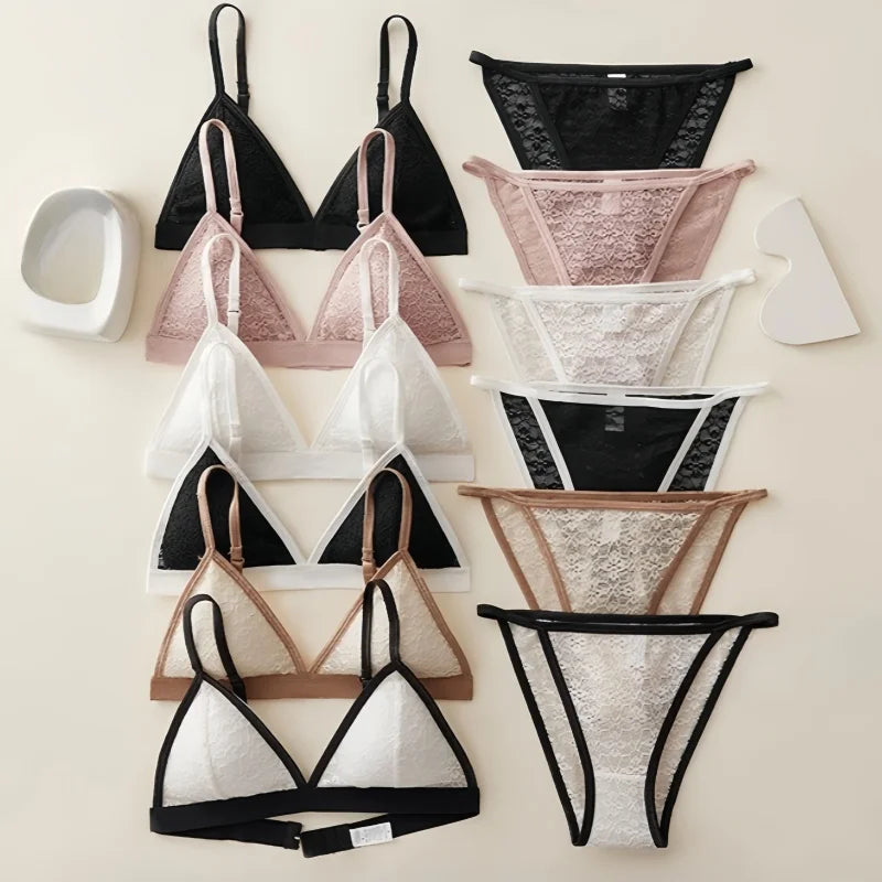 Women Triangle Bra and Panties Set Sheer Floral Lace Bralette Low-Rise Briefs Sexy Lingerie Set Removable Pads Ladies Underwear - Matrix-studios.com