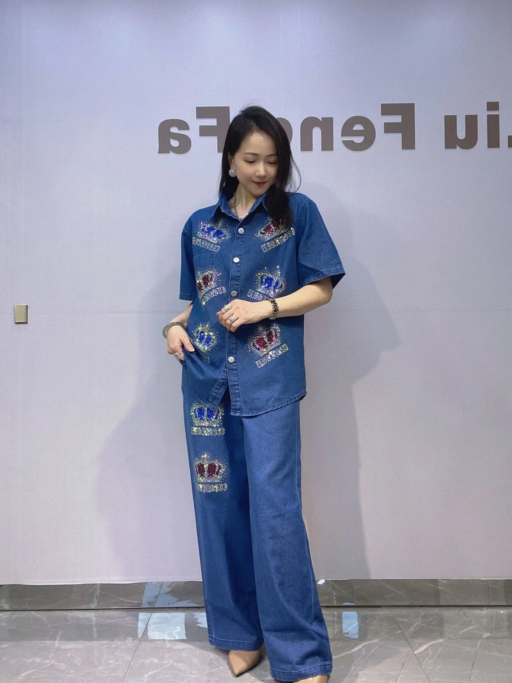 Sequins Crown Denim Wide Leg Pant Sets Woman Jeans 2 Piece Sets Turn Down Collar Short Sleeve Blouse Matching Sets Outfits Stree - Matrix-studios.com