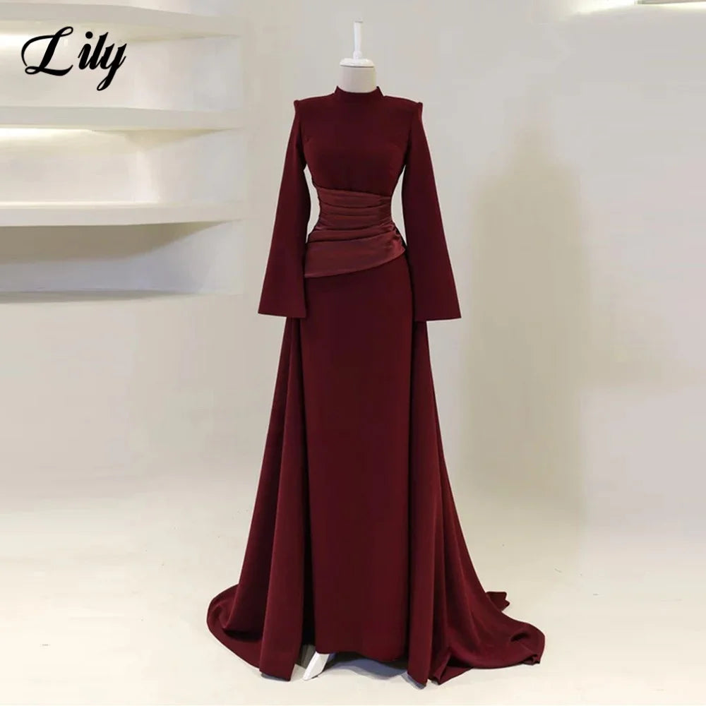 Lily Burgundy Elegant Prom Dresses High-Neck Long Sleeves Mermaid Evening Dresses Satin Muslim Formal Gowns Dubai  Customized - Matrix-studios.com