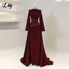 Lily Burgundy Elegant Prom Dresses High-Neck Long Sleeves Mermaid Evening Dresses Satin Muslim Formal Gowns Dubai  Customized - Matrix-studios.com