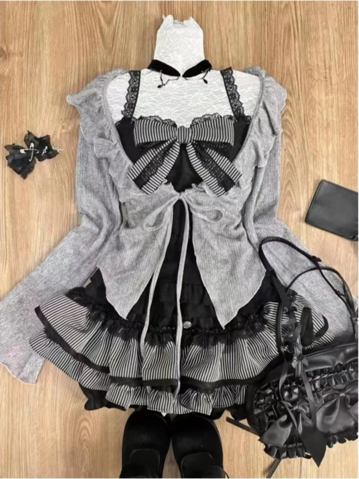 Spring Y2K Princess Outfits Women 2 Piece Sets Sweet Kawaii Bow Tops + Lace Pleated Skirt Female Retro Chic Preppy Style Clothes - Matrix-studios.com