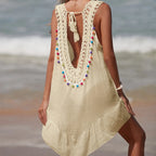 Women V-Neck Backless Hollow Out Short Dress Crochet Splicing Wooden Ear Dress With Colored Balls Beach Swimsuit Cover Up - Matrix Studios