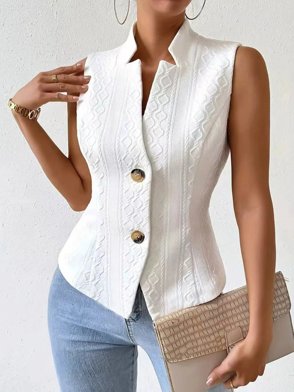 Women's Elegant V-Neck Sleeveless Blazer Vest Solid White Textured Button-Down Slim Fit Waistcoat Top - Matrix Studios