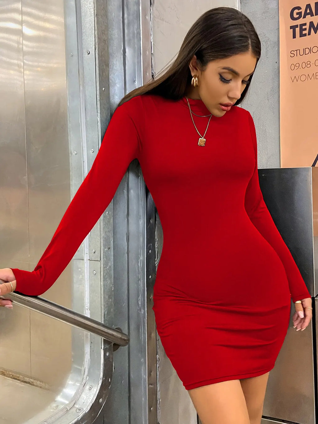 Long Sleeve Slim Bodycon Mini Dress Women Turtleneck Pleated Party Ruched Short Evening Club Outfit Soild Color - Matrix-studios.com