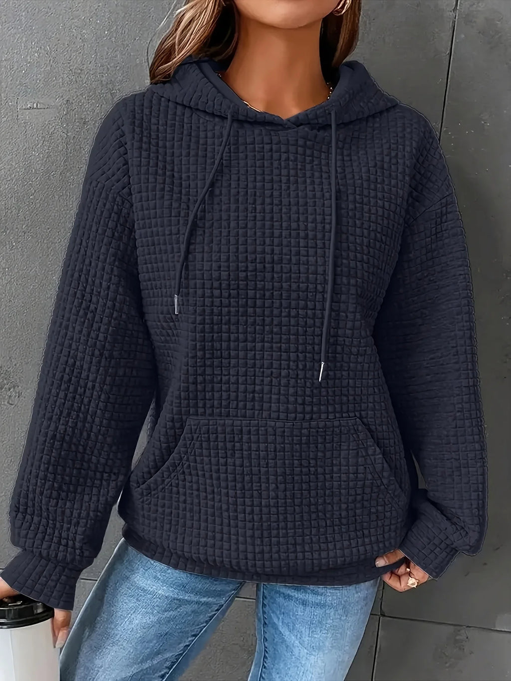 Women Short Length Waffle Knit Hoodie Solid Black Drawstring Pullover Sweatshirt Front Kangaroo Pocket Long Sleeve Casual Tops - Matrix Studios