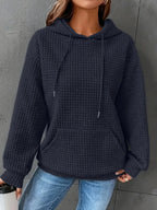 Women Short Length Waffle Knit Hoodie Solid Black Drawstring Pullover Sweatshirt Front Kangaroo Pocket Long Sleeve Casual Tops - Matrix Studios
