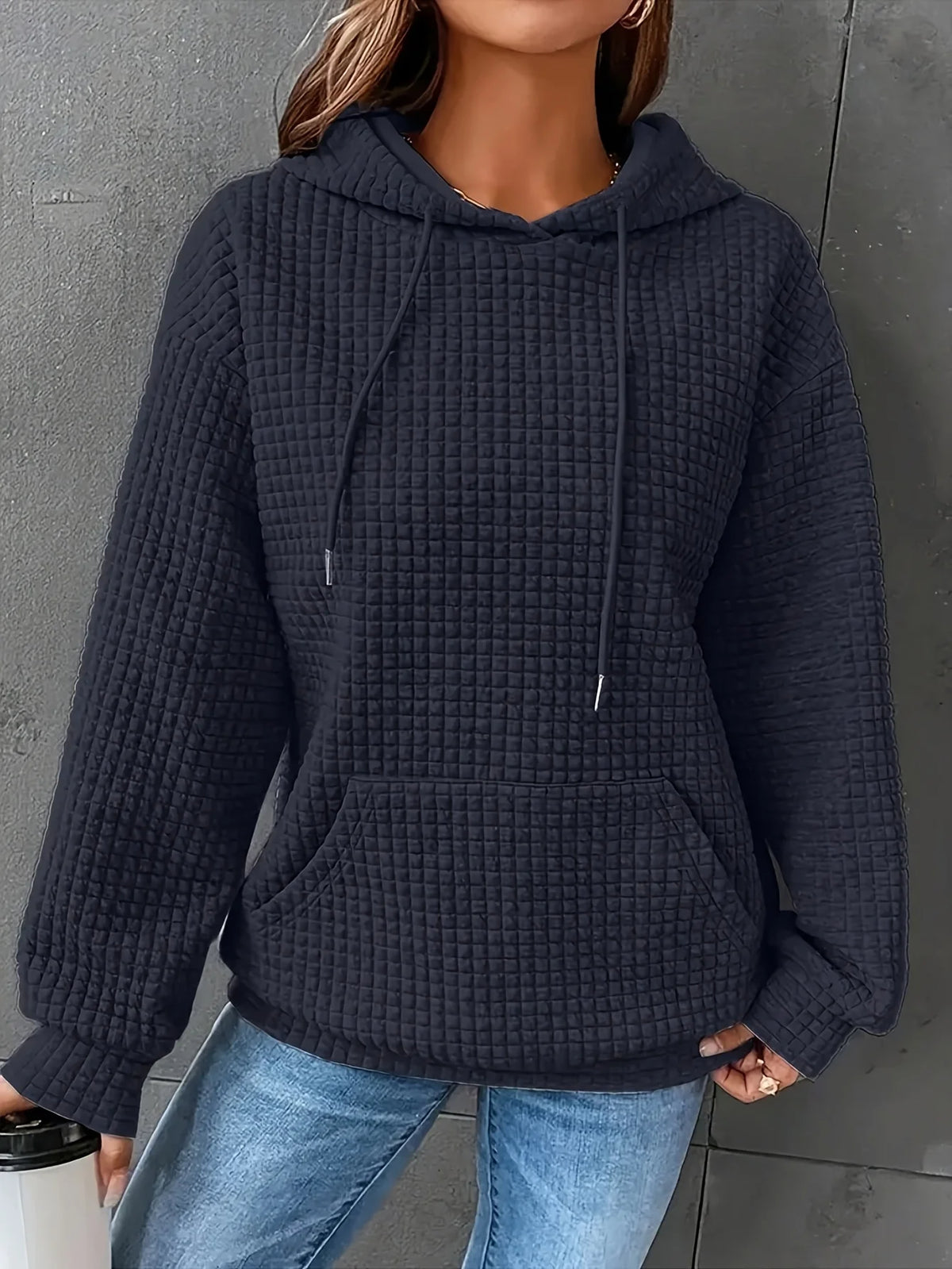 Women Short Length Waffle Knit Hoodie Solid Black Drawstring Pullover Sweatshirt Front Kangaroo Pocket Long Sleeve Casual Tops - Matrix Studios