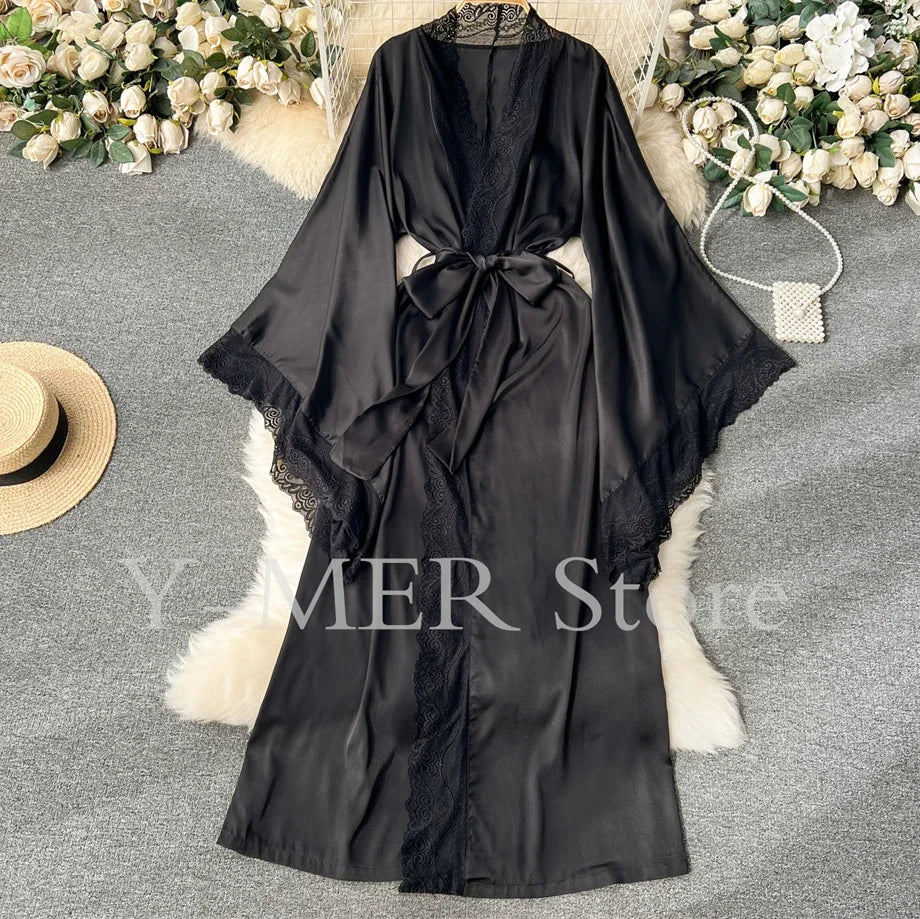 Ultra Long Birde Wedding Robe Dress White Kimono Lady Loose Sleepwear Sexy Big Lace Sleeve Bathrobe Nightwear Rayon Peignoirs - Matrix-studios.com