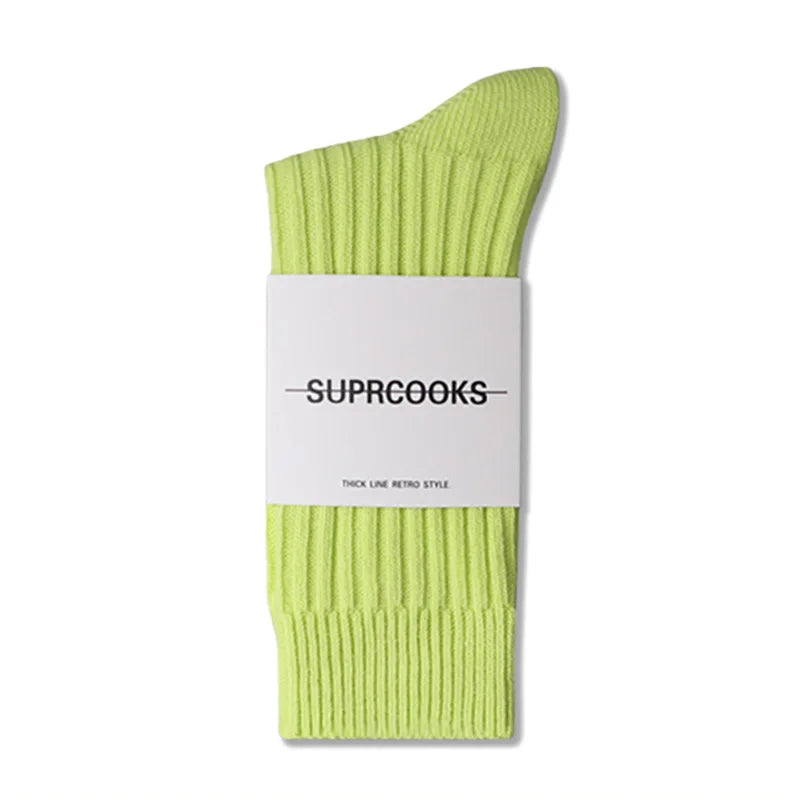 Solid Color Women Middle Tube Socks Candy Color Trend Men Socks Pure Cotton Comfort Retro Thick Lines Winter Socks - Matrix Studios
