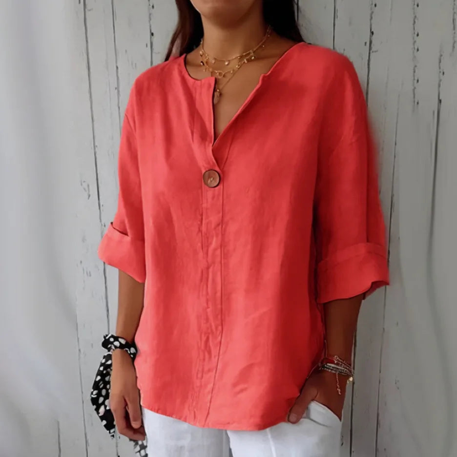 VEITCHE Spring Summer Women's Shirt Blouses Top V-neck Button Tee Shirts  3/4 Sleeve Casual Cotton Linen Top Loose Fit Pullover - Matrix-studios.com