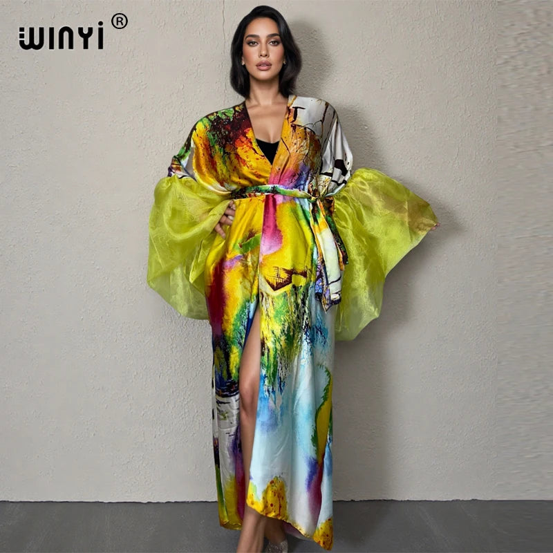 WINYI Summer Kimono Party Dress Beach Wear Swim Suit Cover Up African Women Loose Puff(ed) Sleeves Cardigan Boho Holiday Kaftan - Matrix Studios