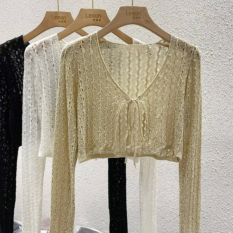 Women Tie Front Crop Cardigan Sheer Openwork Crochet Knit Top Lightweight Bolero Sweater Summer Fairycore Boho Chic Beach Outfit - Matrix Studios