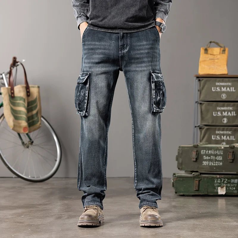 Autumn and winter new styles Men's Outdoor Wide Leg Workwear Multi-Pocket Jeans Straight fit plus size men's jeans  42 44 - Matrix Studios