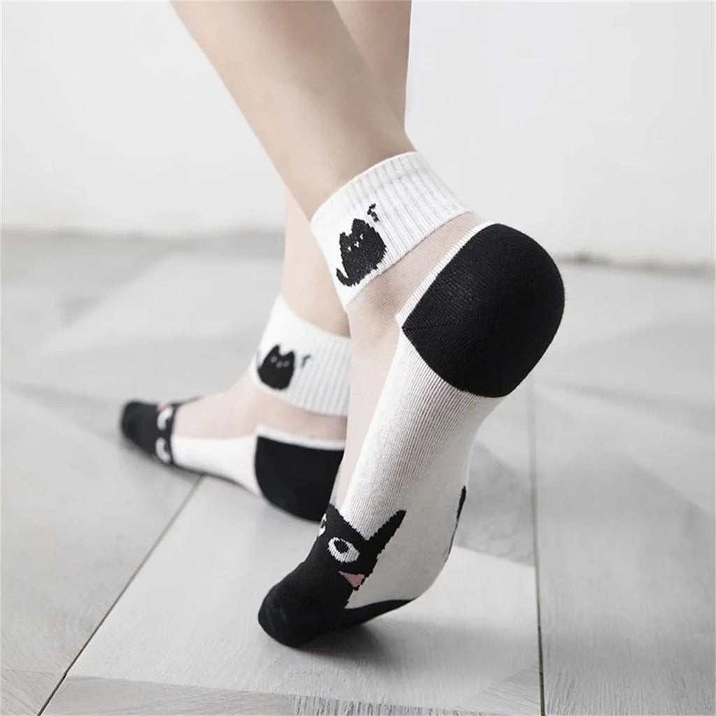 Dreamlikelin 5 Pairs Summer Socks for Women - Black & White Cat Print, Breathable Glass Silk Short Socks, Simple Cute Design - Matrix Studios