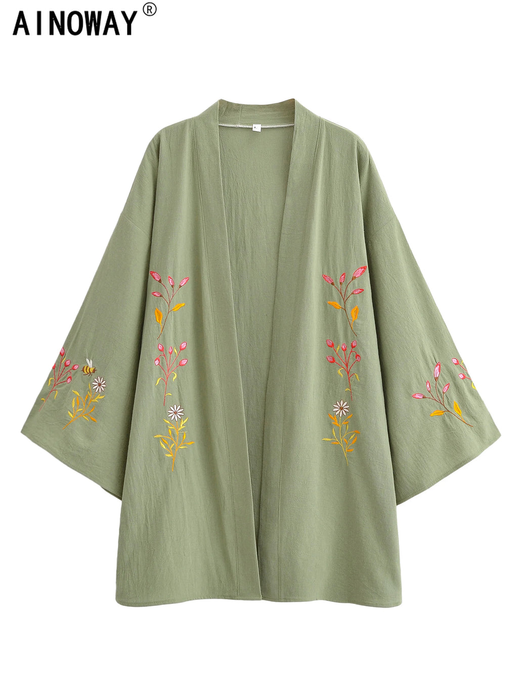 Vintage Chic Women Flowers and Bees Embroidery Bat Sleeve Beach Bohemian Kimono Dress Ladies V Neck Summer Boho Bikini Cover-ups - Matrix Studios