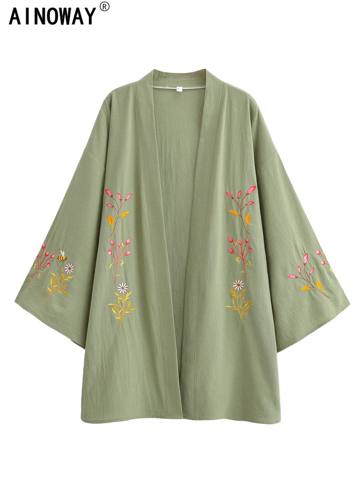 Vintage Chic Women Flowers and Bees Embroidery Bat Sleeve Beach Bohemian Kimono Dress Ladies V Neck Summer Boho Bikini Cover-ups - Matrix Studios