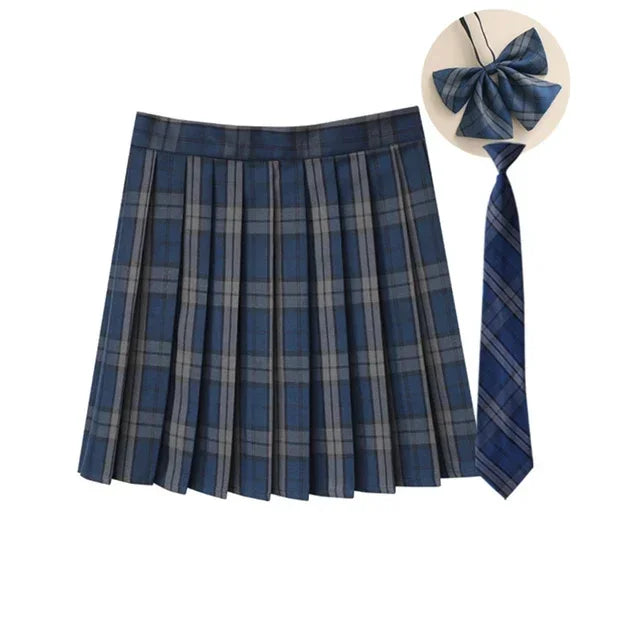 Women Summer Plaid Pleated Skirt With Necktie Bowtie Korean Jk Skirt Uniform Japanese School Preppy A Line Mini Skirts - Matrix-studios.com