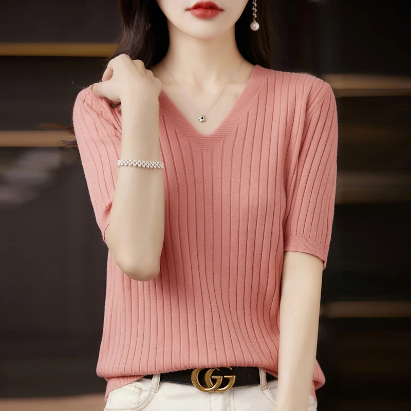 Women's Sweater Spring Summer Short Sleeve V-neck Knit Shirt Casual Korean Pullovers Stripe Bottoming Shirt Slim Fit Jumpers - Matrix Studios