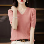 Women's Sweater Spring Summer Short Sleeve V-neck Knit Shirt Casual Korean Pullovers Stripe Bottoming Shirt Slim Fit Jumpers - Matrix Studios