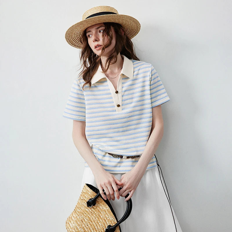 TOYOUTH Women's T-Shirt 2026 Summer New Hollow Stripe Color Block Polo Collar Nautical Top, Loose Fit Vintage Tee - Matrix-studios.com