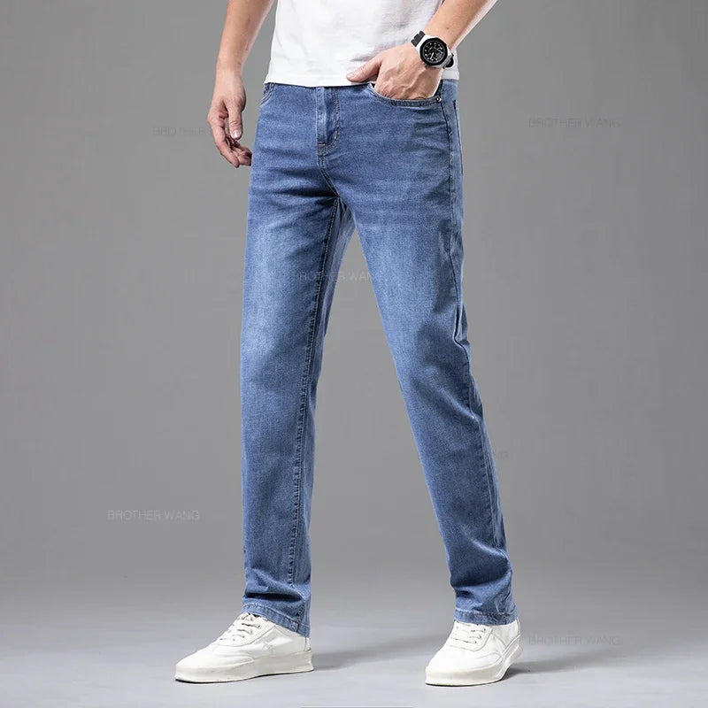 Summer Thin Men's Elastic Cotton Jeans Fashion Gray Comfortable Business Straight Casual Pants Brand Male Clothes Trousers - Matrix Studios