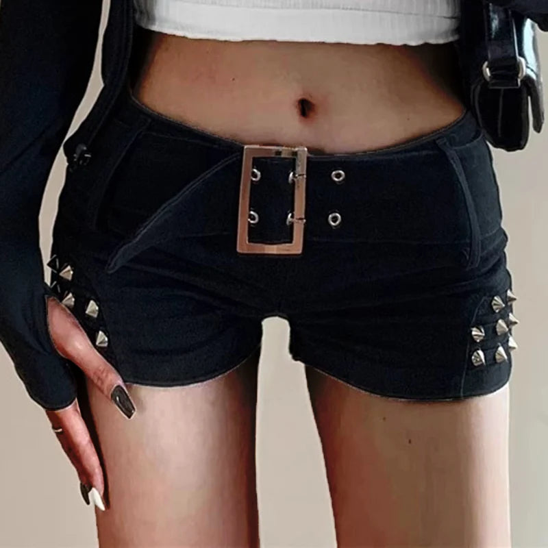 2024 Female American Low Waist Night Club Jeans Girls Fashion Metal Rivet Decoration Harajuku Pants Women Sexy Black Y2k Shorts - Matrix-studios.com