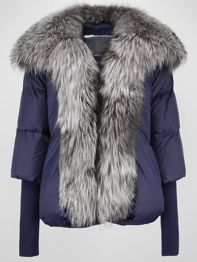 Loose Natural Real Fox Fur Collar Coat Thick New European Fashion White Duck Down Jacket Winter Women Warm Luxury Outerwear - Matrix Studios