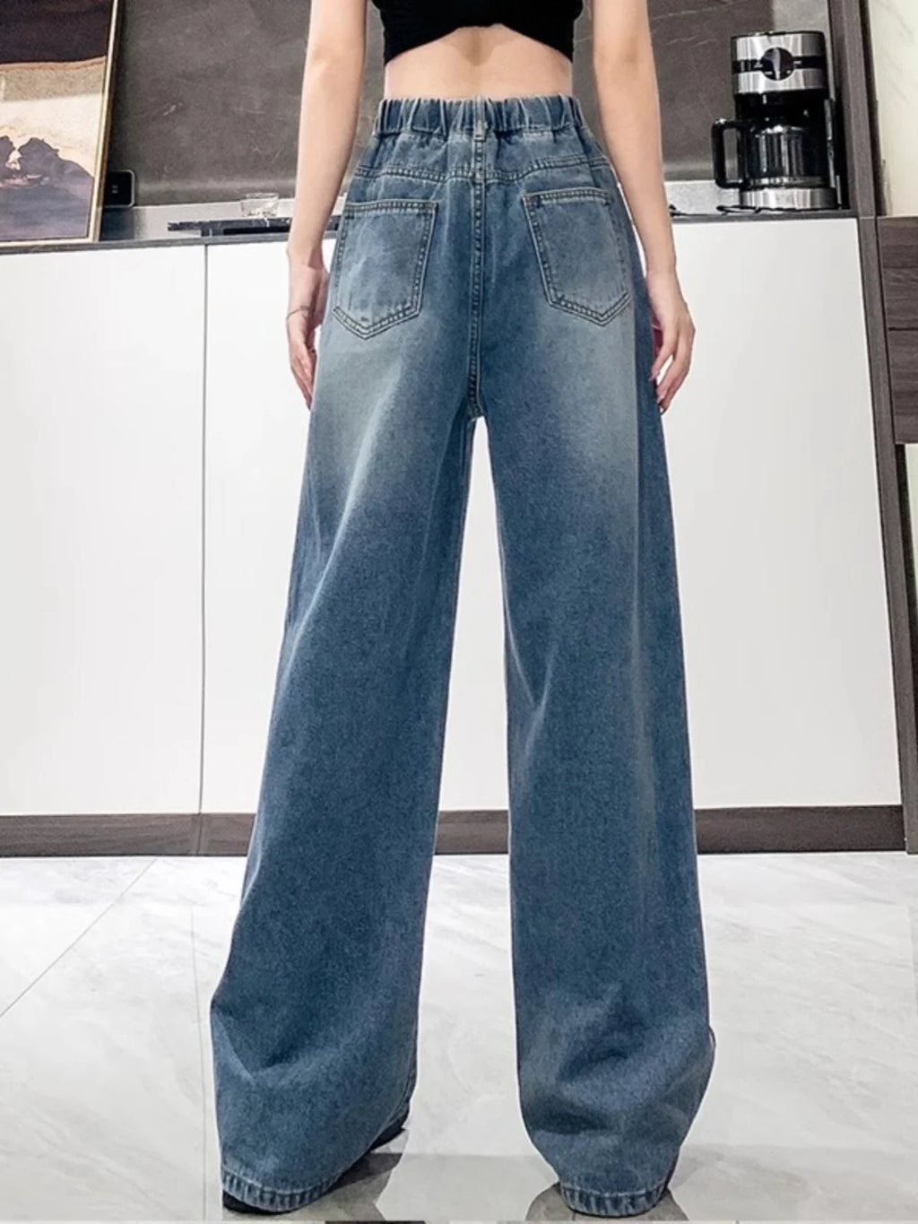 Loose Fit High Waist Wide Leg Jeans Women plus Size Light Blue Elastic Waist Dstring Trousers Autumn Faion plus Size - Matrix-studios.com
