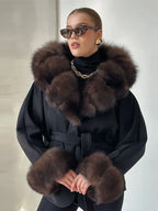 Chic Black Belted Coat Women Elegant Brown Fur - Trimmed Collar and Cuffs Middle Long Coats Lady Warm Cold - Weather Wear - Matrix Studios
