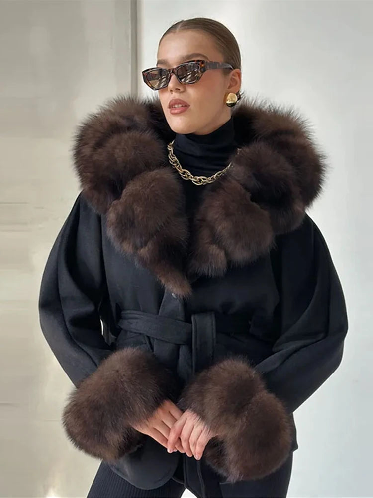 Chic Black Belted Coat Women Elegant Brown Fur - Trimmed Collar and Cuffs Middle Long Coats Lady Warm Cold - Weather Wear - Matrix Studios