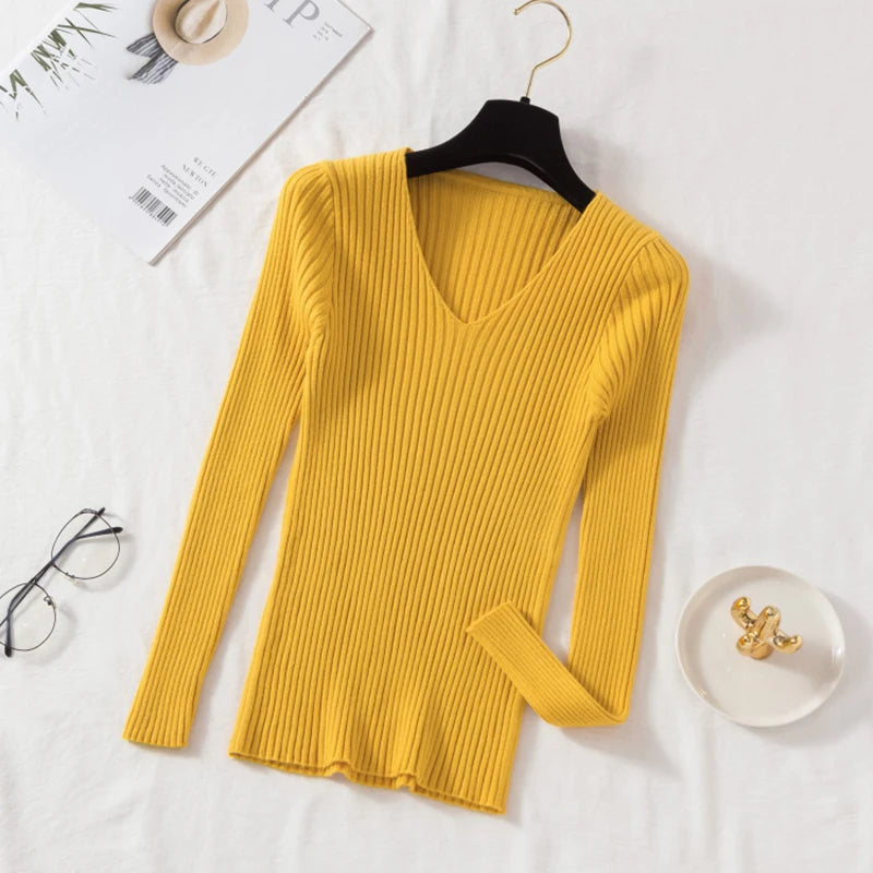 Autumn Winter Women Sweaters Casual Long Sleeve Knitted V Neck Pullover Sweater Femme Basic Solid Jersey Tops Fashion Clothes - Matrix-studios.com