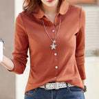 Pure cotton polo collar long sleeved t-shirt women's loose spring/summer new slimming and versatile fashion polo collar top - Matrix-studios.com