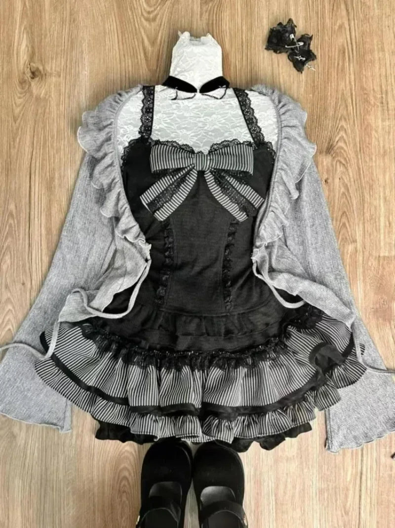 Sweet Lolita Early Autumn Three Piece Set Lace up Ruffles Cardigan Sexy Slim Fit Strapless Vest Tops High Waist Ruched Skirts - Matrix-studios.com