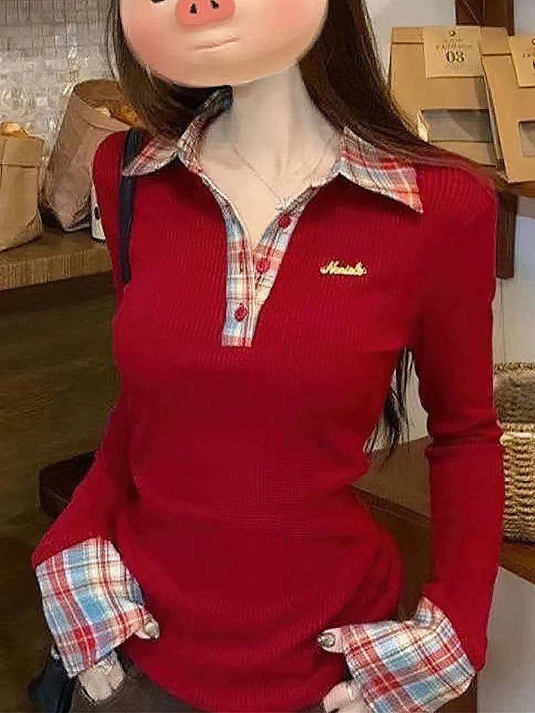 Preppy Polo Neck Plaid Long Sleeve Layered T Shirt Women Fake Two-piece Basic Top V Neck Button Blouses Tees Embroidery - Matrix-studios.com