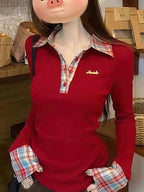 Preppy Polo Neck Plaid Long Sleeve Layered T Shirt Women Fake Two-piece Basic Top V Neck Button Blouses Tees Embroidery - Matrix-studios.com