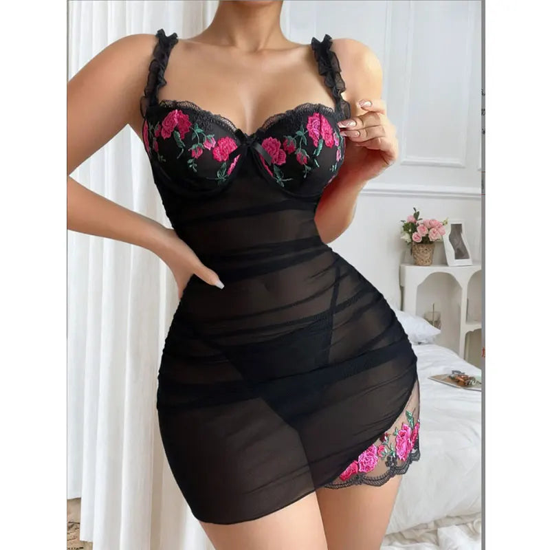 Transparent Sexy Lingerie Woman Underwire Bra And Panty Set Embroidery Floral Dress Elegant Nightdress Intimate Nightgown - Matrix-studios.com