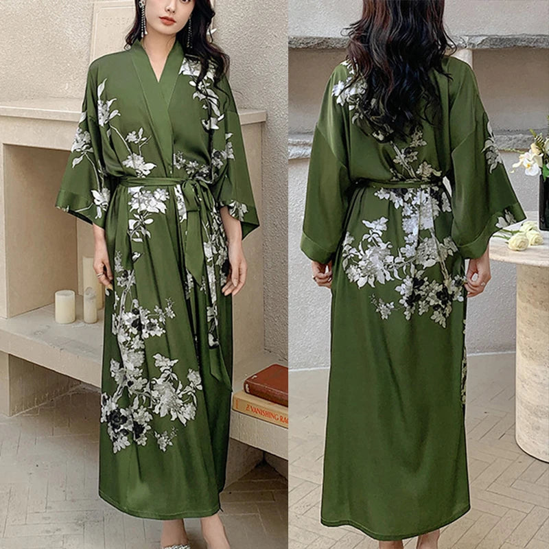 Print Flower Long Kimono Bathrobe Gown Sexy Women Half Sleeve Wedding Robe Nightgown Spring Summer Rayon Home Dress Sleepwear - Matrix-studios.com