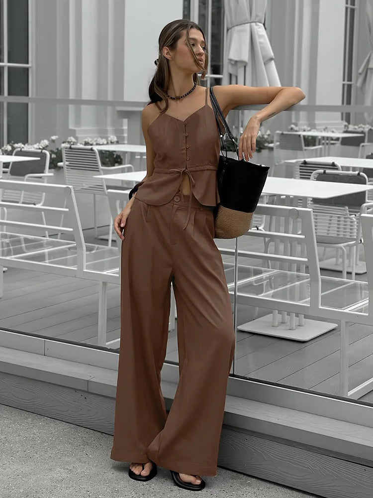 Mueyaruho Women 2026 Summer Office Pant Set Suits Solid Beige Outfits 2 Two Piece Wide Leg Matching Set For Women - Matrix-studios.com