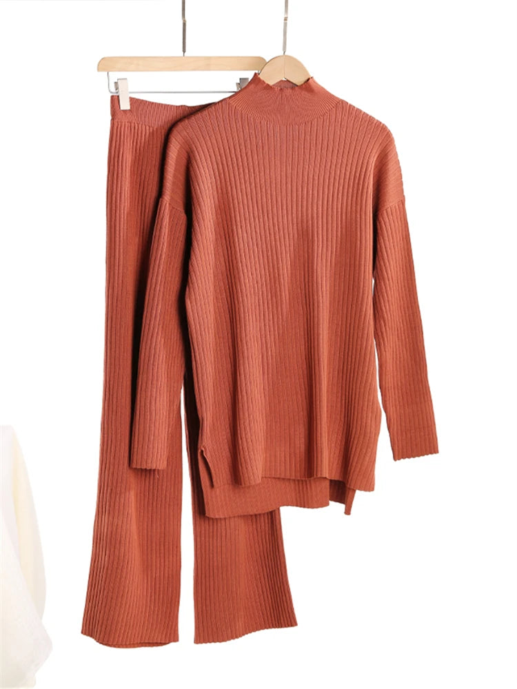 Autumn Winter 2 Pieces Women Sets Knitted Tracksuit Turtleneck Sweater and Straight Jogging Pants Suits - Matrix-studios.com