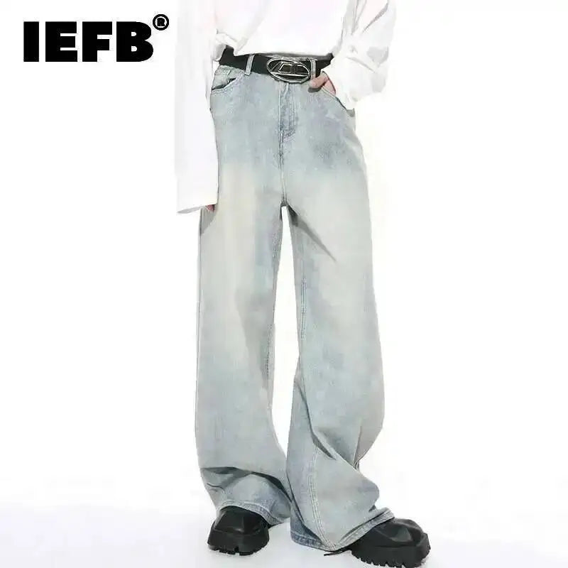 IEFB Washed Male Jeans Korean Fashion Worn Out Gradient Color Men's Denim Straight Pants Men Wide Leg Trousers Spring New 9C4502 - Matrix Studios